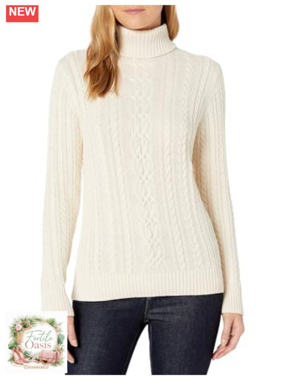 Womens Cotton Cable Knit Turtleneck Sweater Fisherman Long Sleeve
